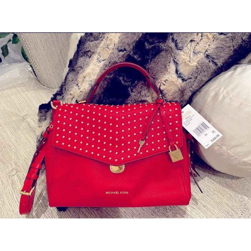 Michael Kors Bristol Bright Red Leather Satchel Studded Crossbody‎ Bag